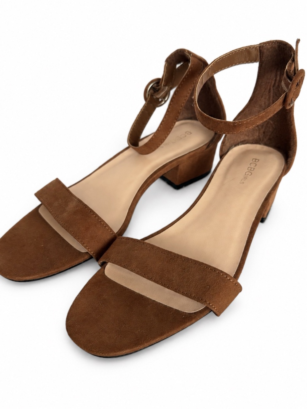 BCBG Girls Hunter Brown Cognac Ankle Strap Low Block Heel Sandals Size 5M